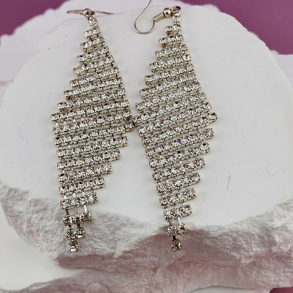 Clear Rhinestone Chandelier Dangle Earrings Silver Tone Bridal Statement 3.25"